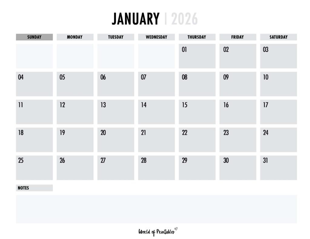 Printable January 2026 Calendar Design 101