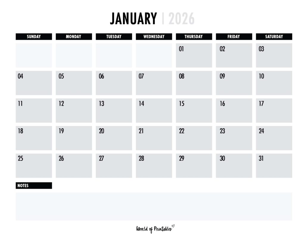 Printable January 2026 Calendar Design 102