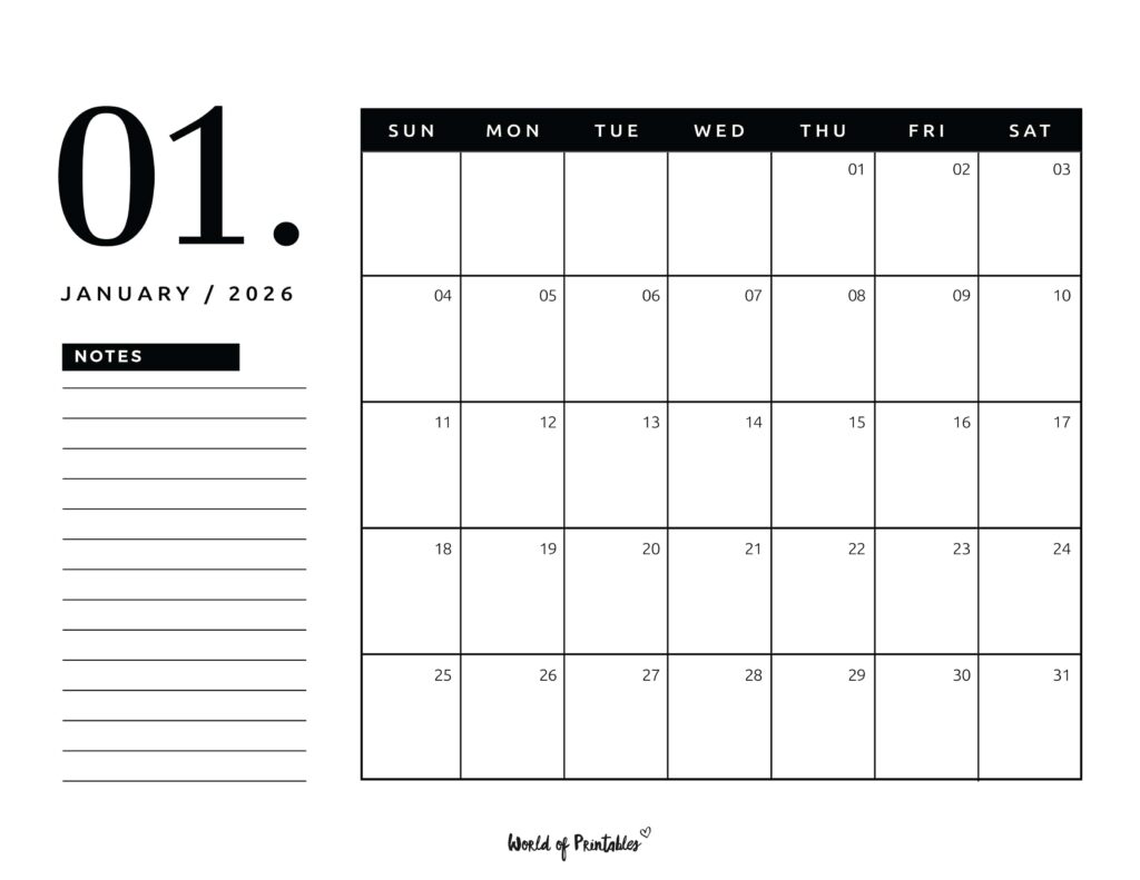 Printable January 2026 Calendar Design 105