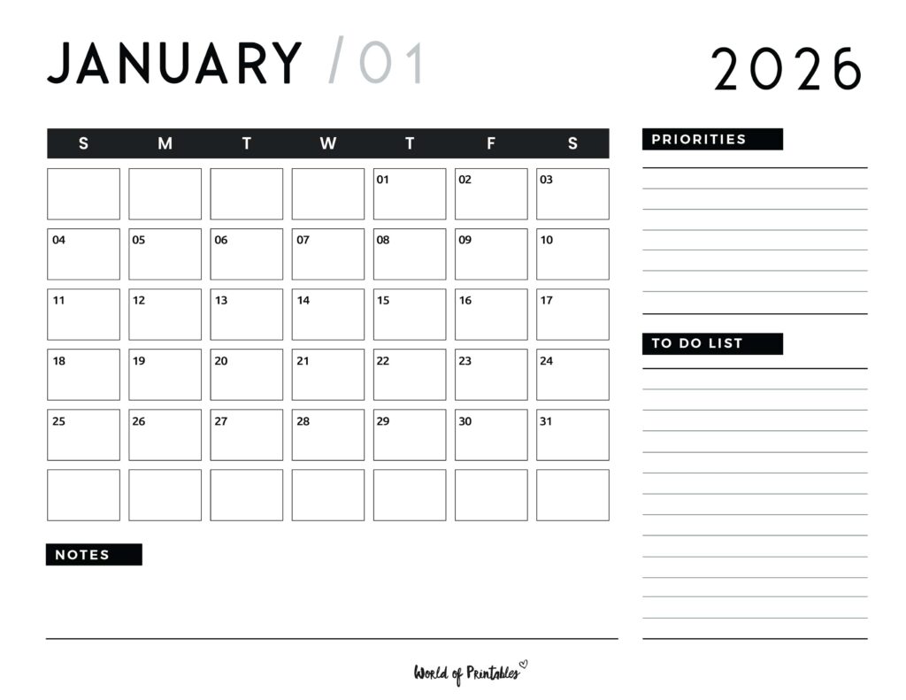Printable January 2026 Calendar Design 107