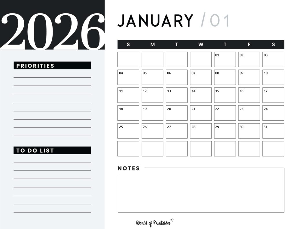 Printable January 2026 Calendar Design 108