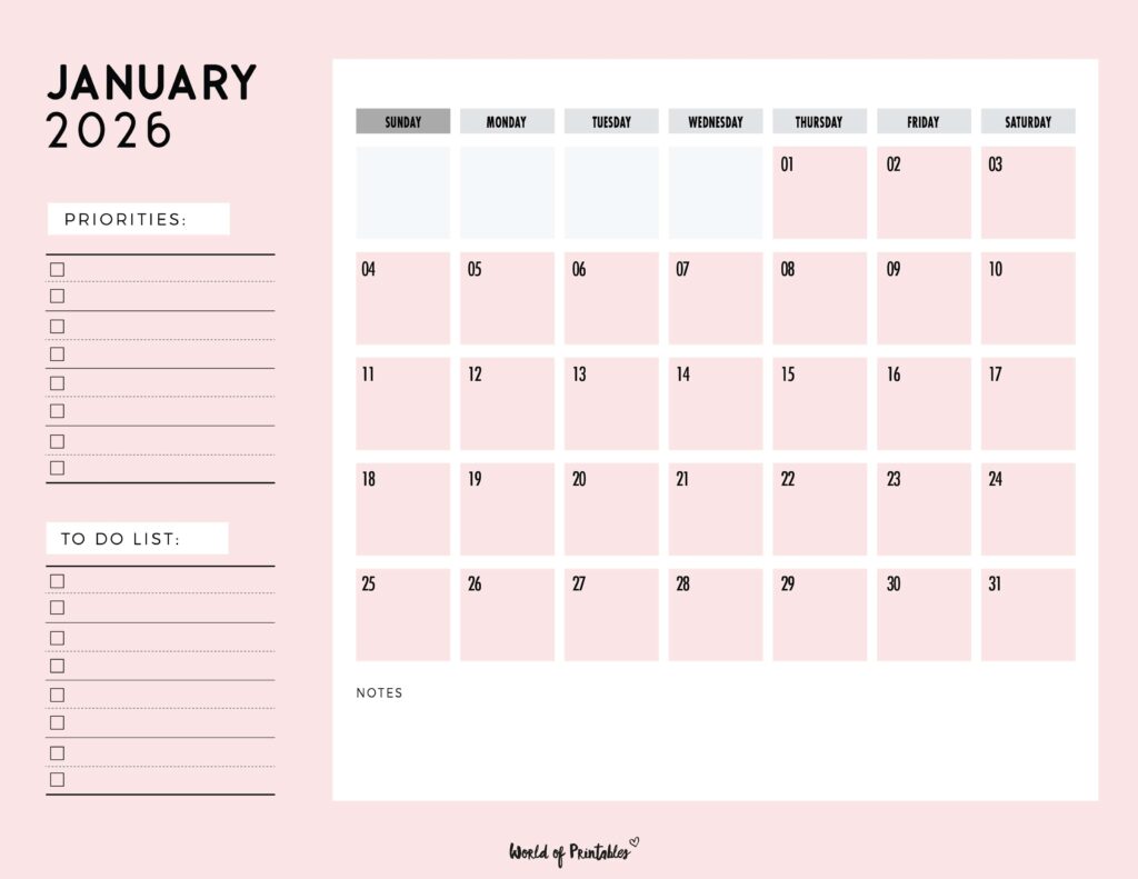 Printable January 2026 Calendar Design 111