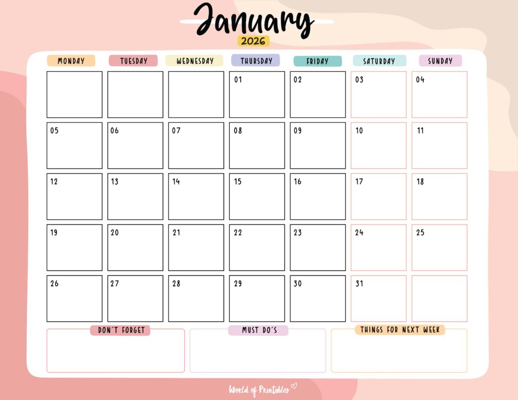 Printable January 2026 Calendar Design 115