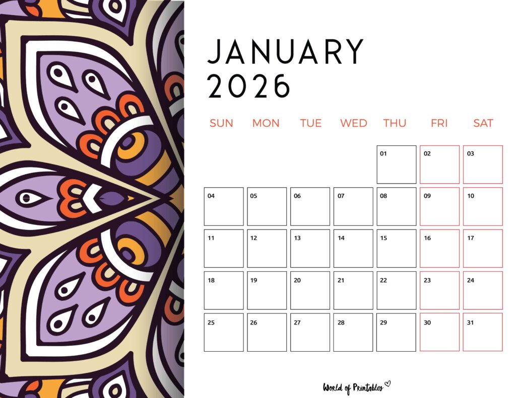 Printable January 2026 Calendar Design 116