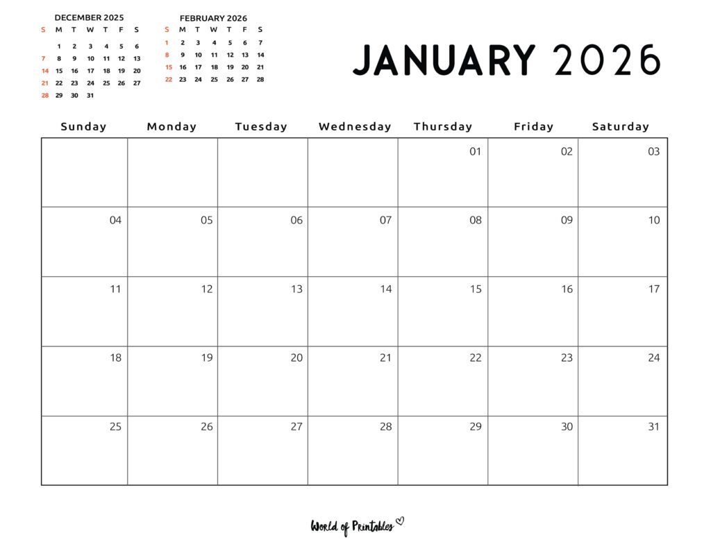 Printable January 2026 Calendar Design 118