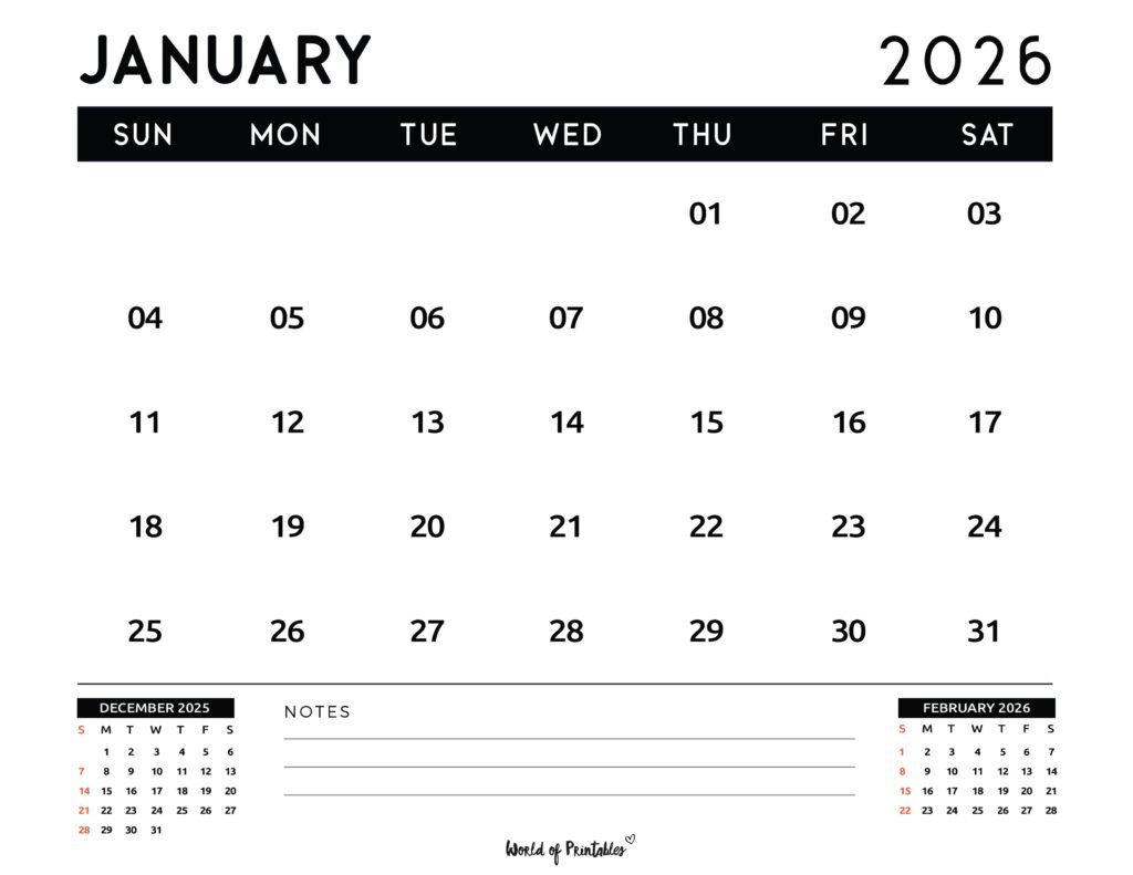 Printable January 2026 Calendar Design 121