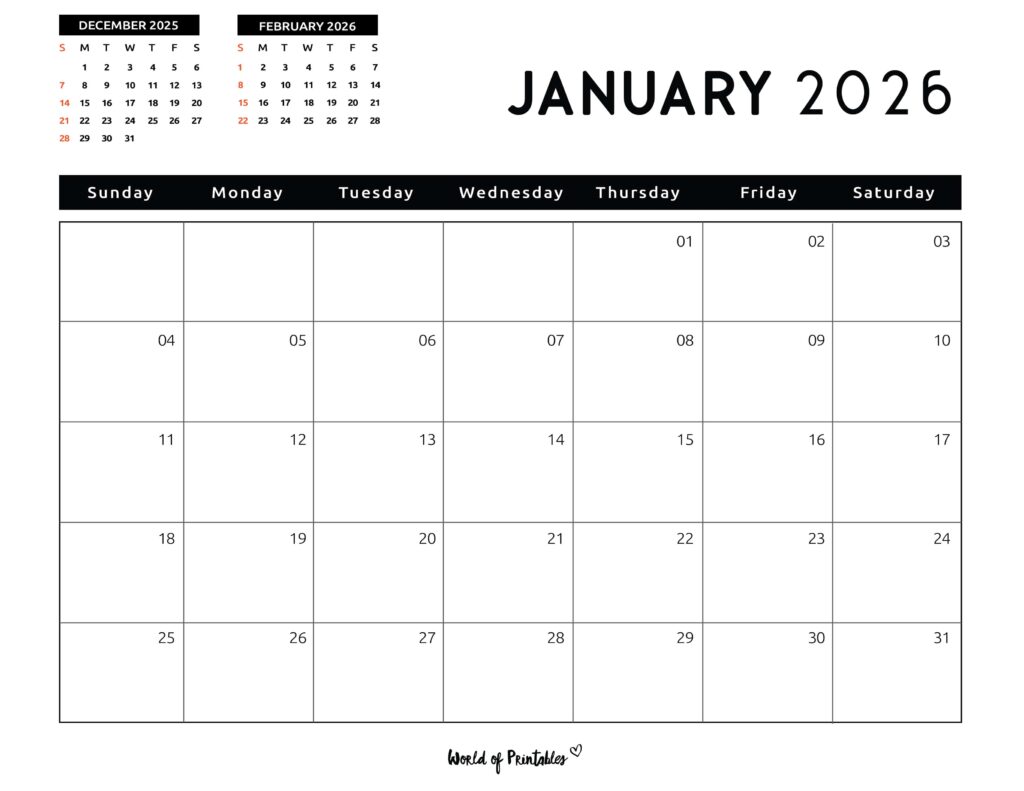 Printable January 2026 Calendar Design 122