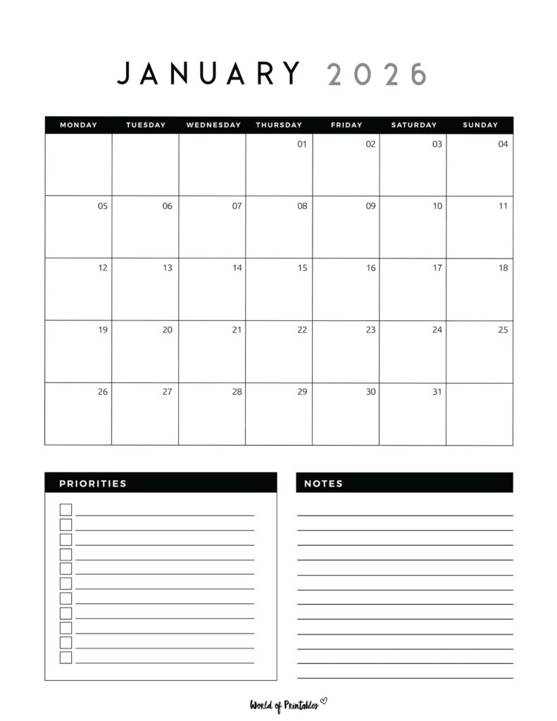 Printable January 2026 Calendar Design 123