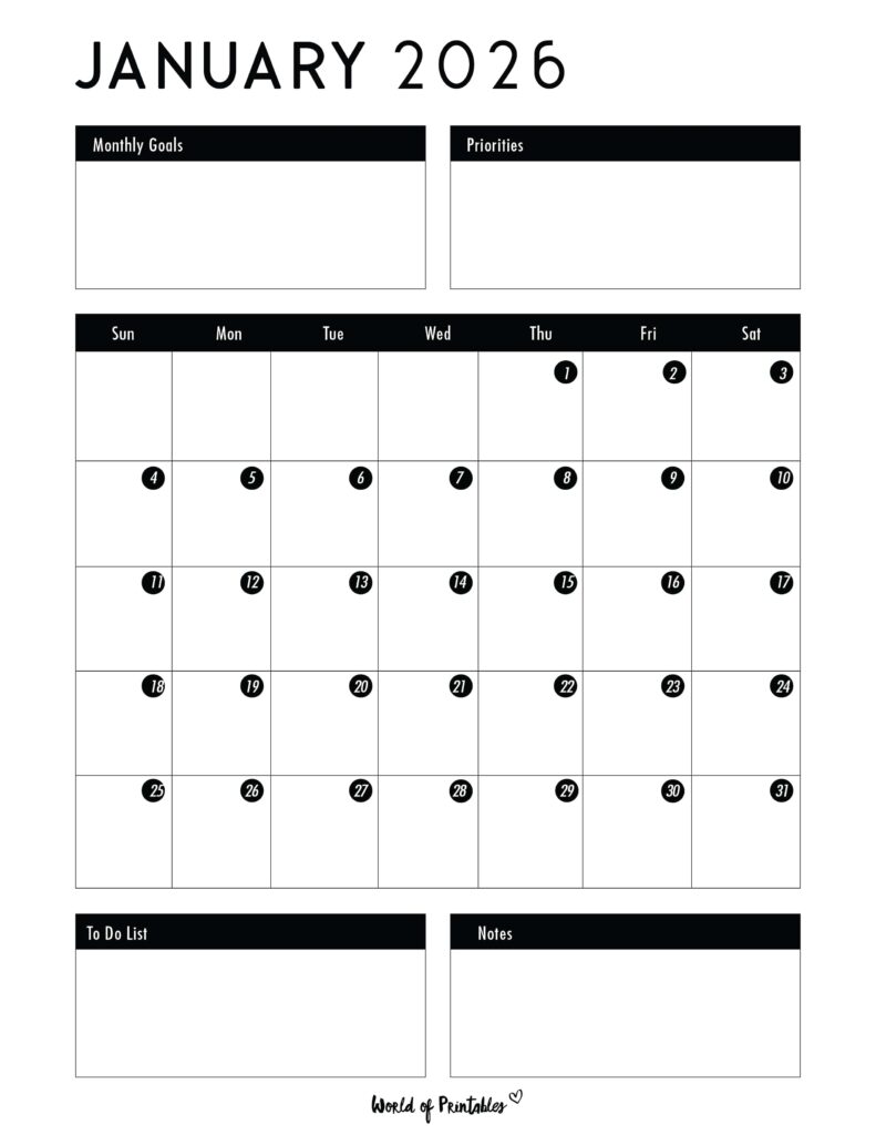 Printable January 2026 Calendar Design 124