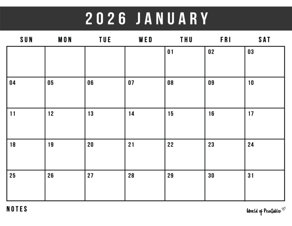 Printable January 2026 Calendar Design 125