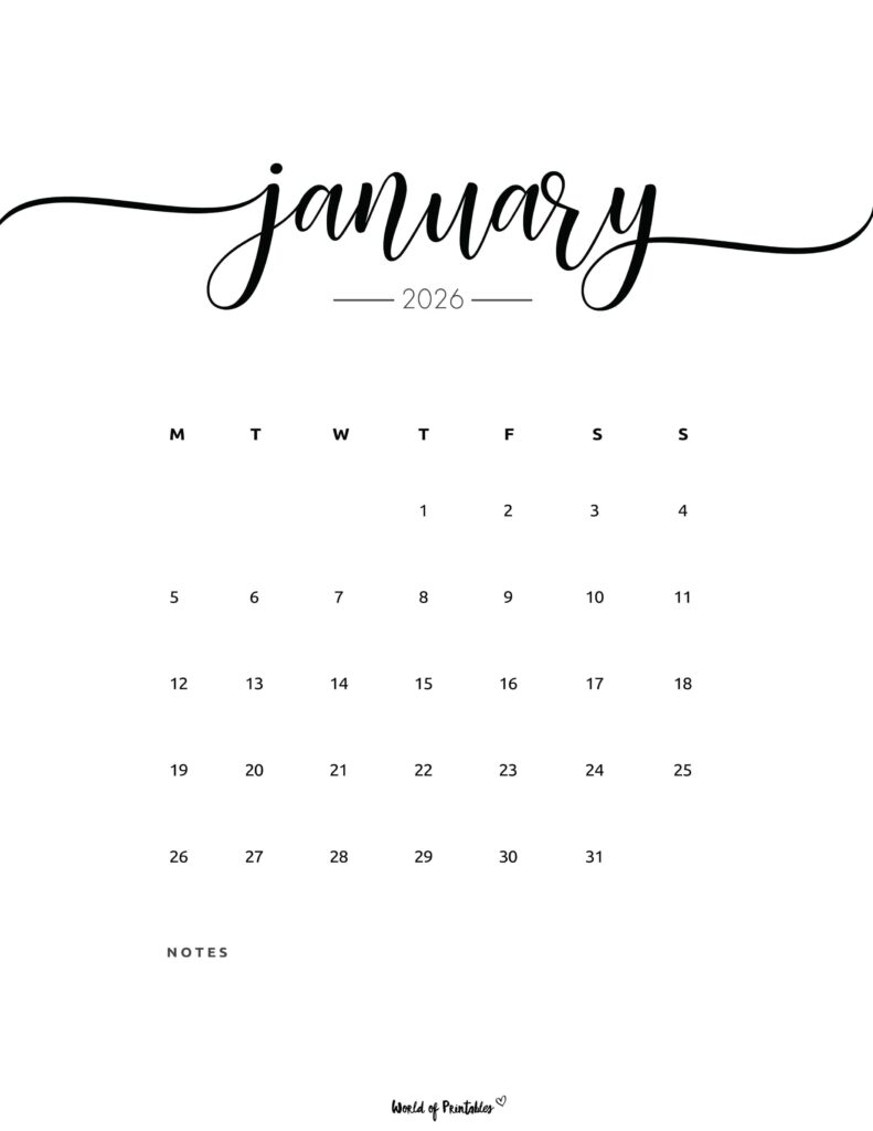 Printable January 2026 Calendar Design 201