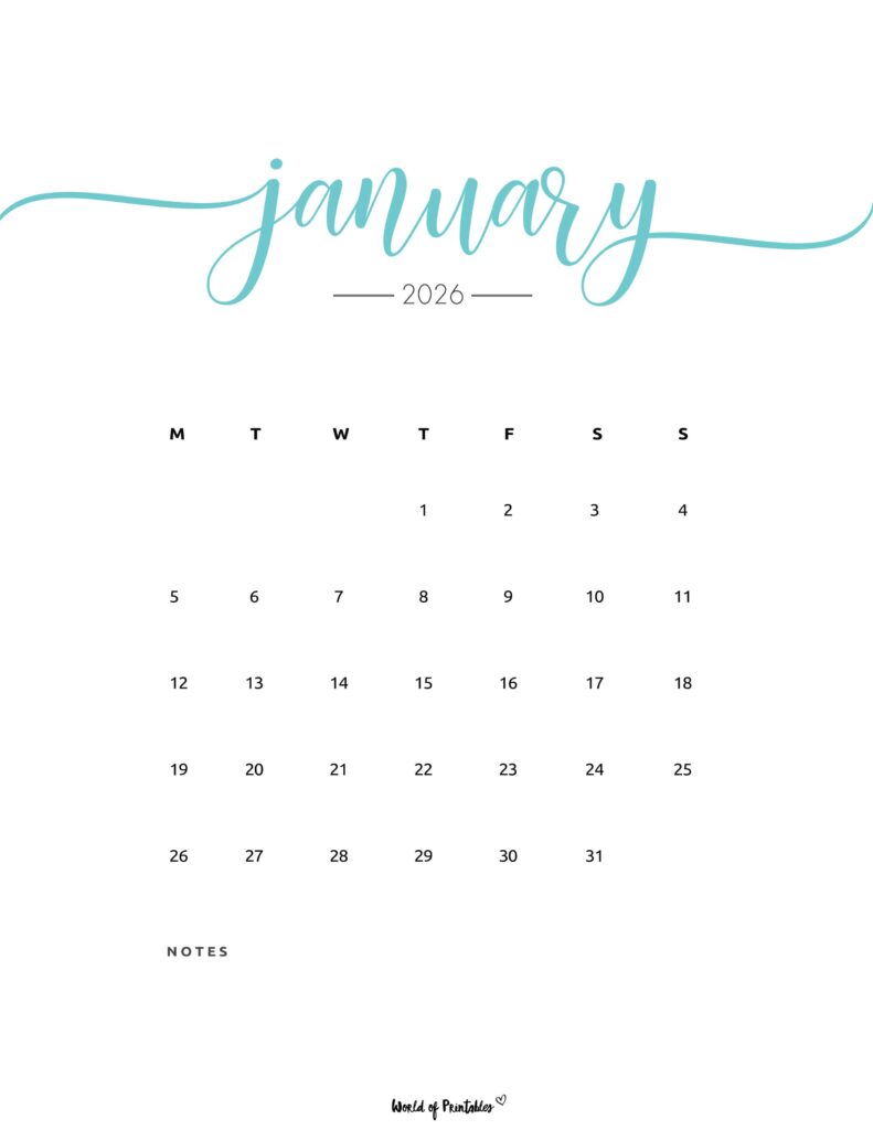 Printable January 2026 Calendar Design 202