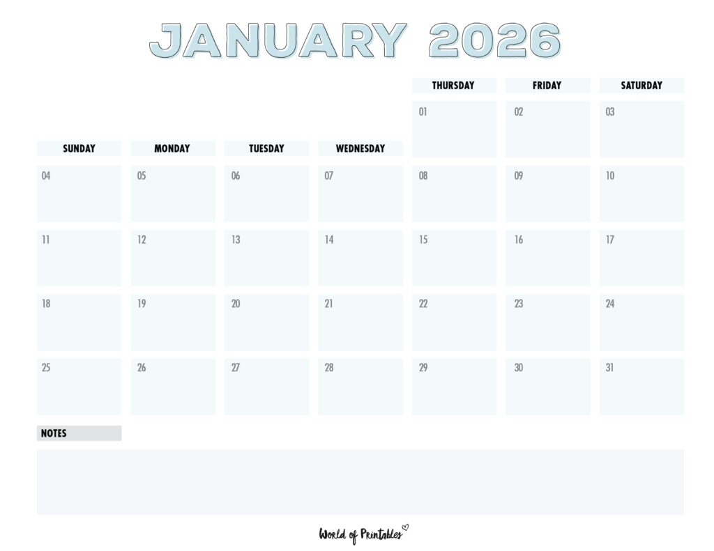 Printable January 2026 Calendar Design 203