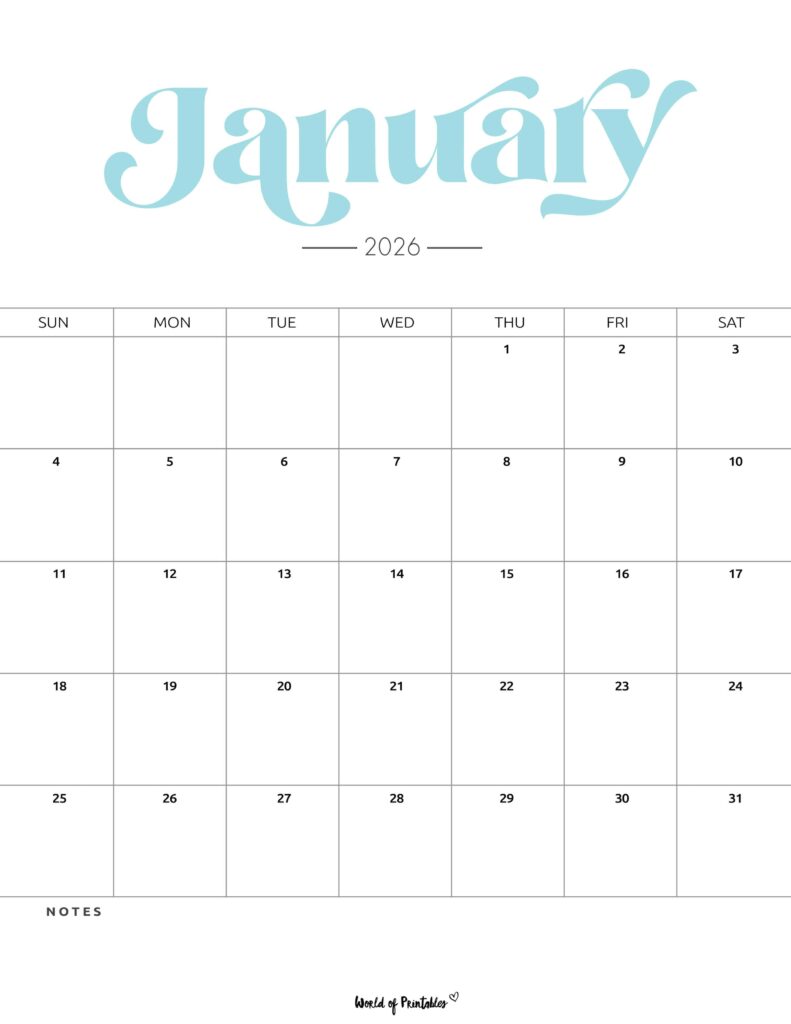 Printable January 2026 Calendar Design 204