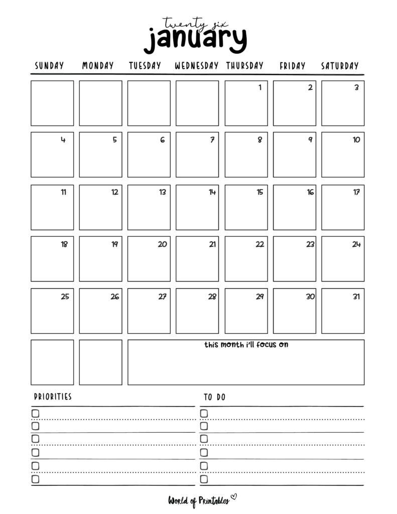 Printable January 2026 Calendar Design 214