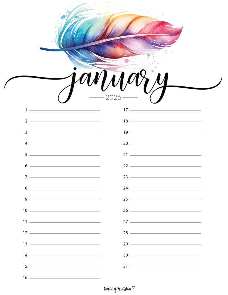 Printable January 2026 Calendar Design 216