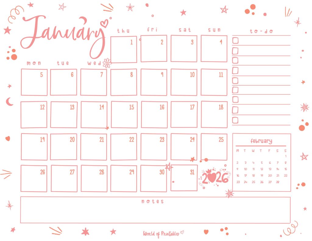 Printable January 2026 Calendar Design 221