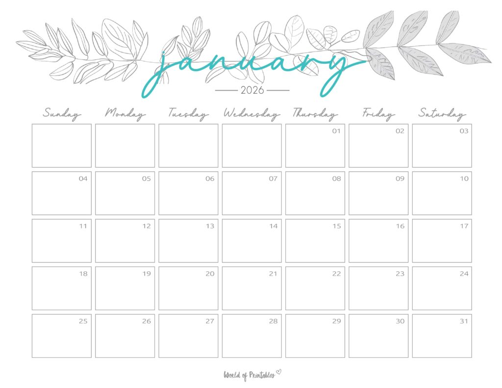 Printable January 2026 Calendar Design 250