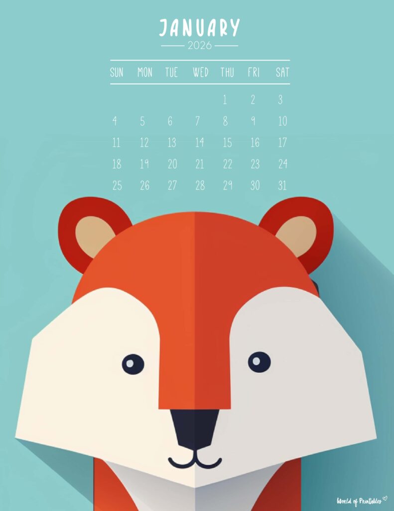 Printable January 2026 Calendar Design 251 - Sunday