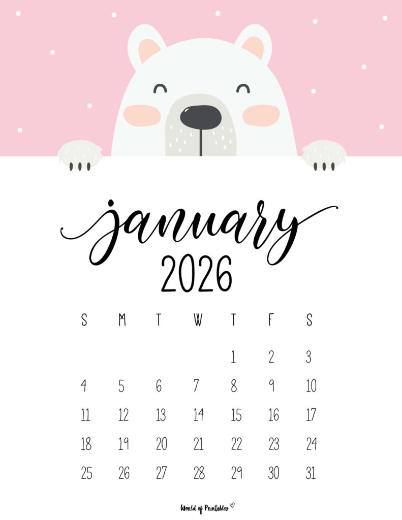 Printable January 2026 Calendar Design 30