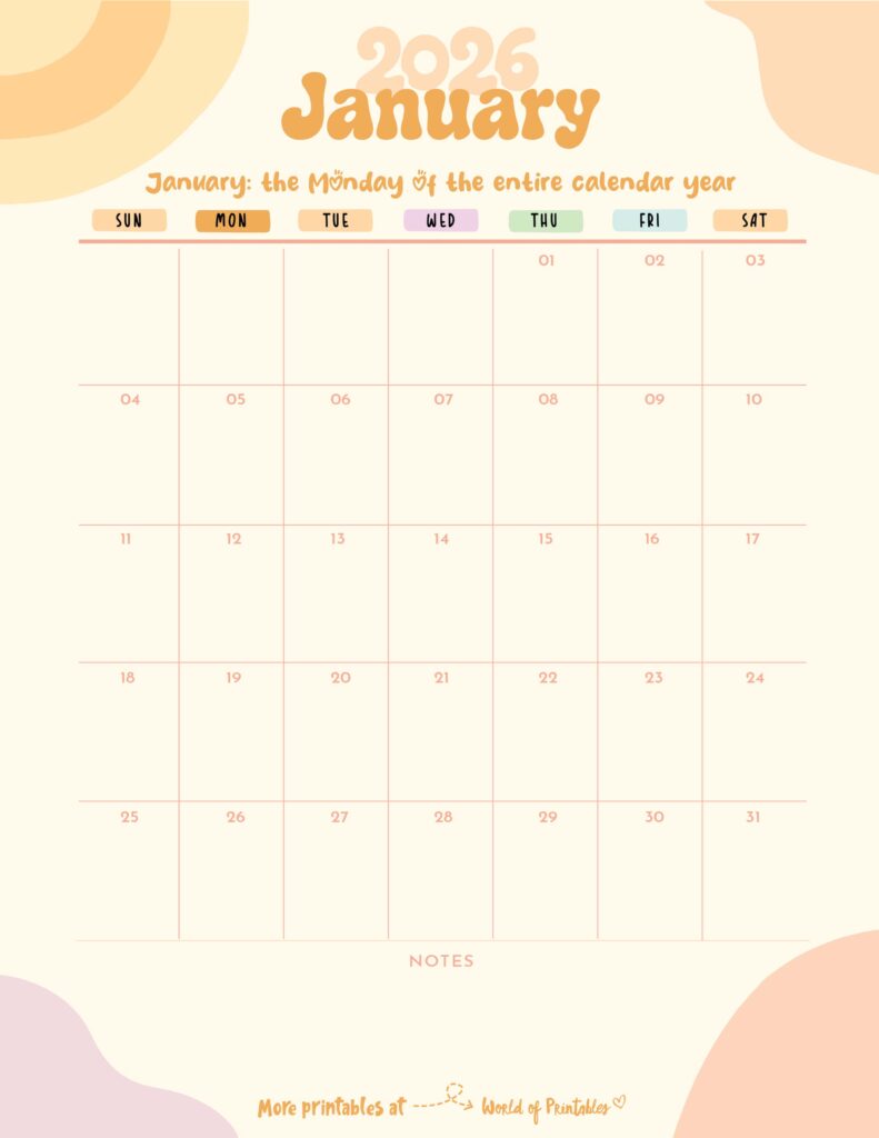 Printable January 2026 Calendar Design 300