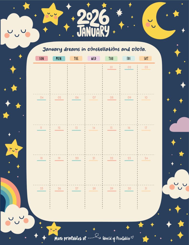 Printable January 2026 Calendar Design 302