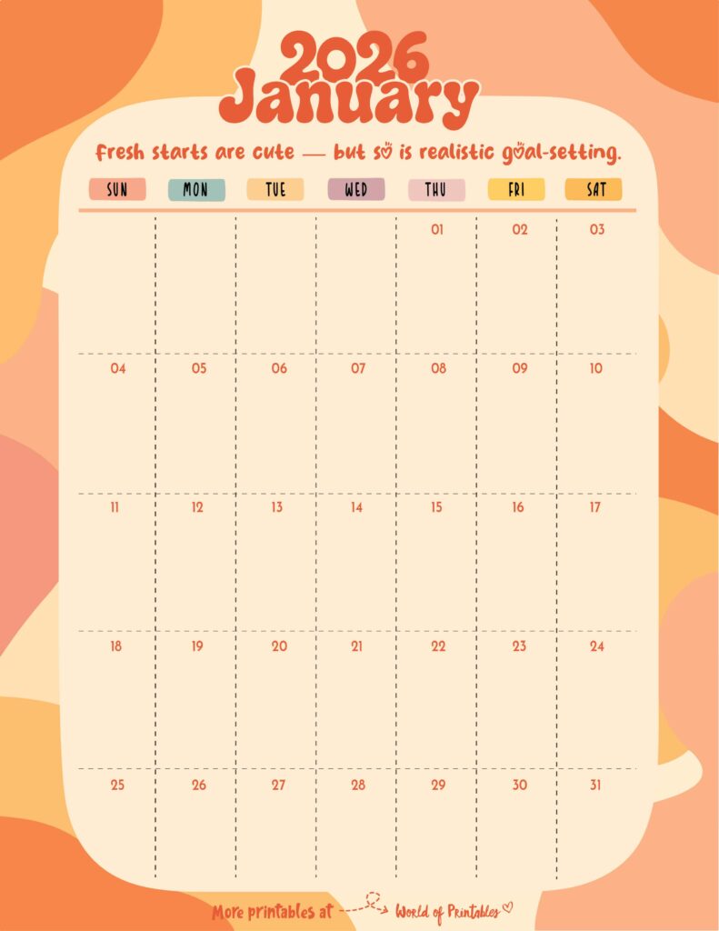 Printable January 2026 Calendar Design 303
