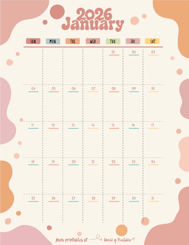 Printable January 2026 Calendar Design 305