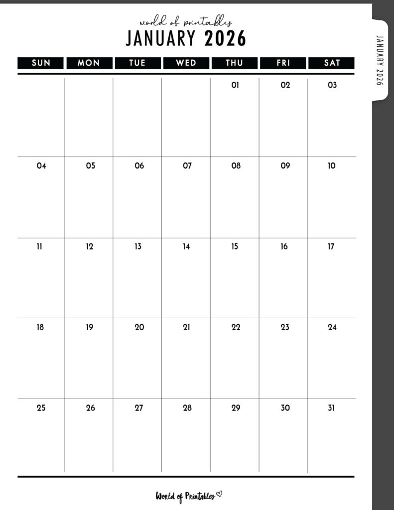 Printable January 2026 Calendar Design 306