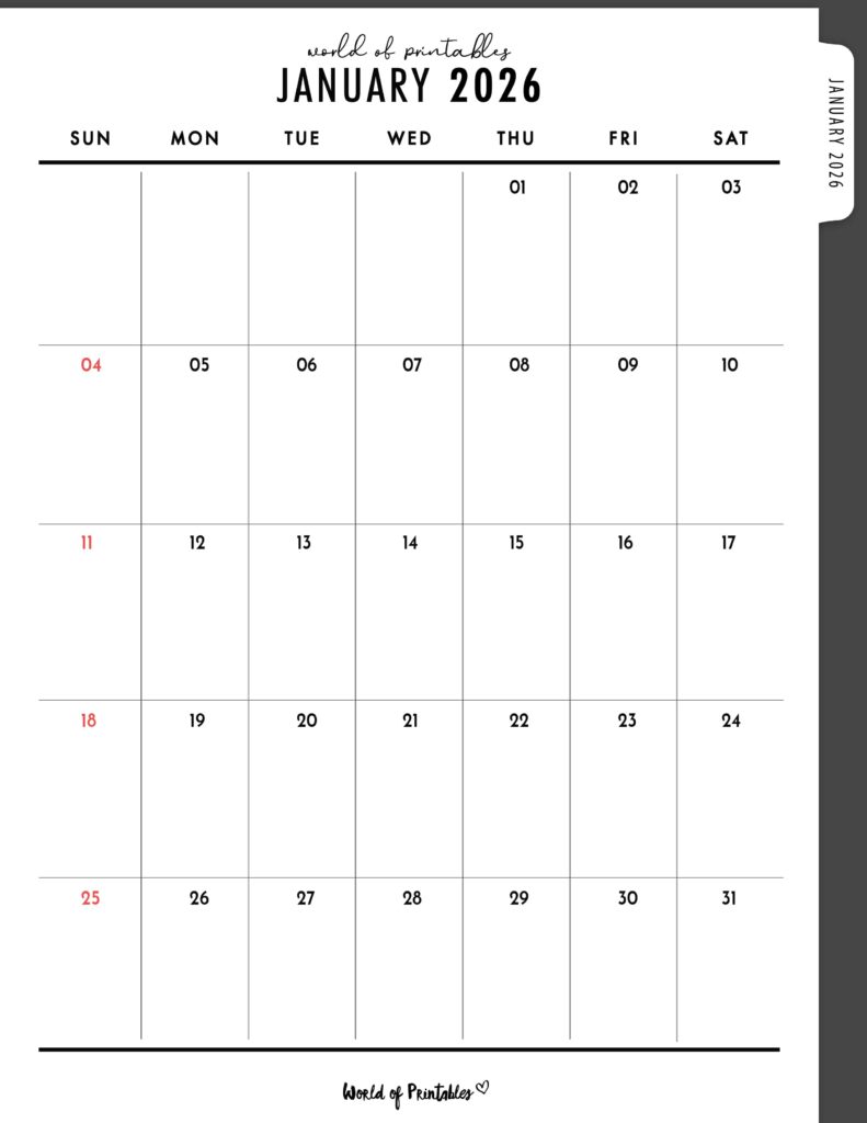 Printable January 2026 Calendar Design 307