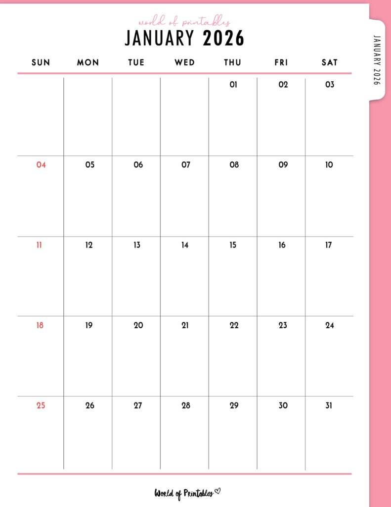 Printable January 2026 Calendar Design 308
