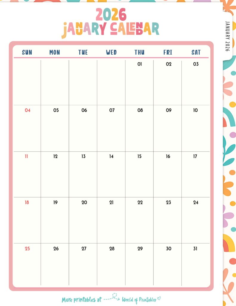 Printable January 2026 Calendar Design 310