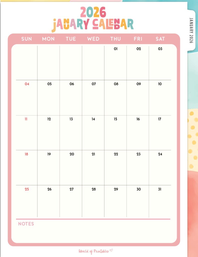 Printable January 2026 Calendar Design 311