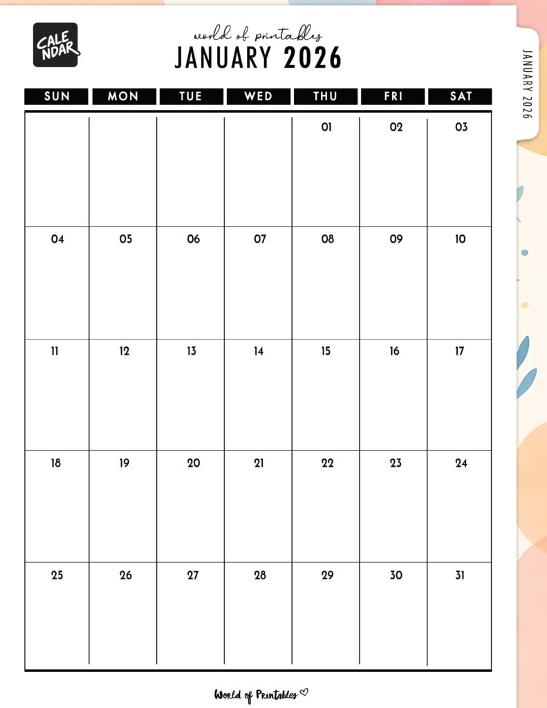 Printable January 2026 Calendar Design 312