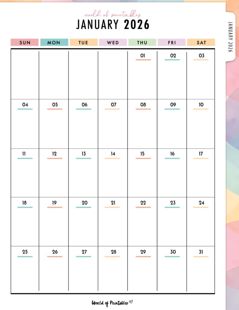 Printable January 2026 Calendar Design 313