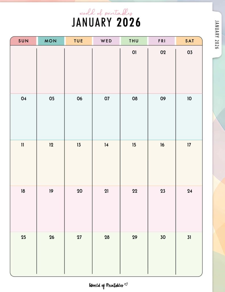Printable January 2026 Calendar Design 315