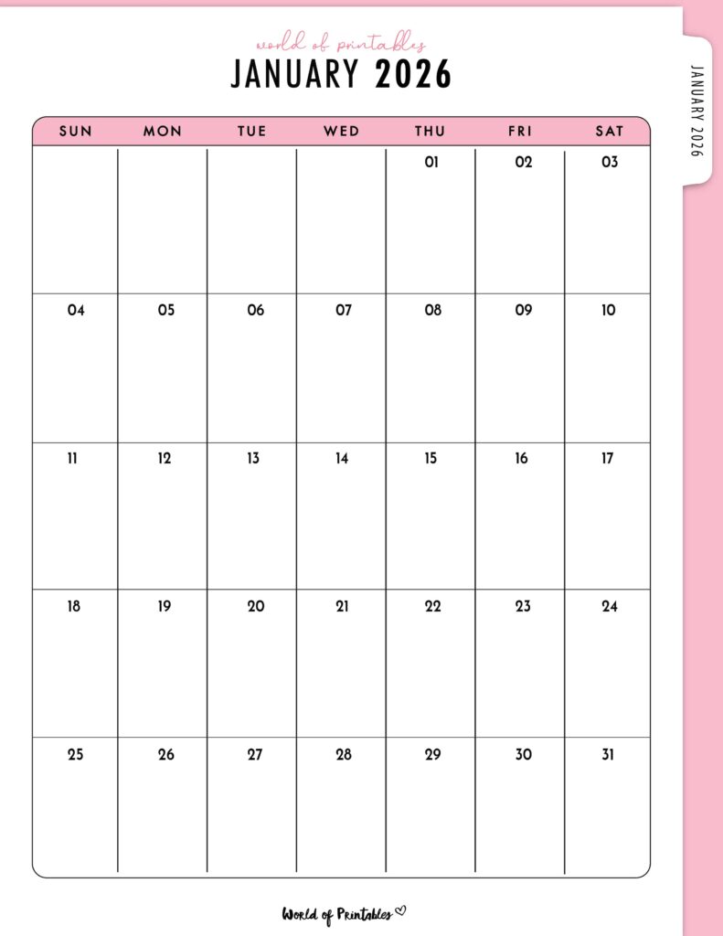 Printable January 2026 Calendar Design 316