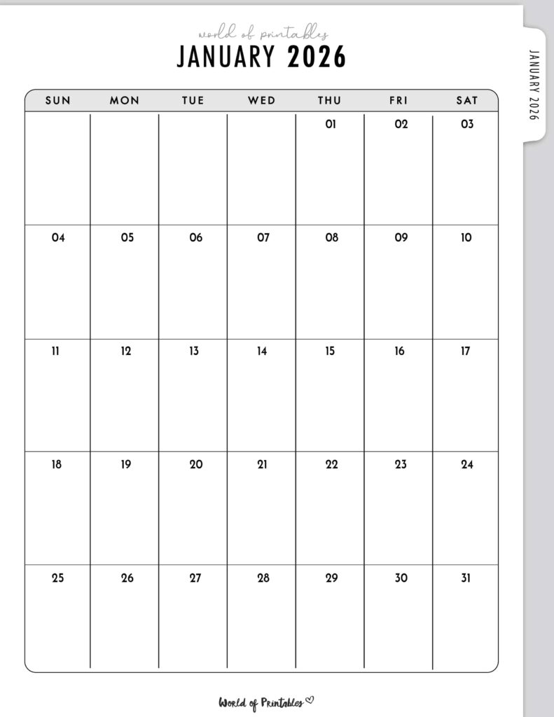 Printable January 2026 Calendar Design 317