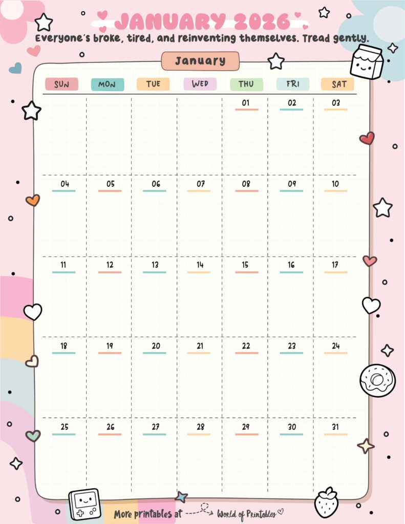 Printable January 2026 Calendar Design 319