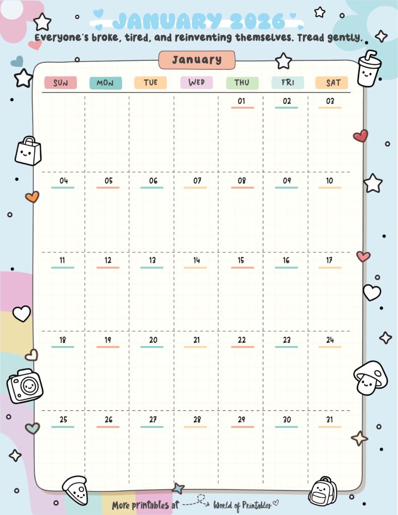Printable January 2026 Calendar Design 320