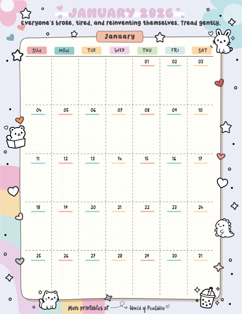 Printable January 2026 Calendar Design 321