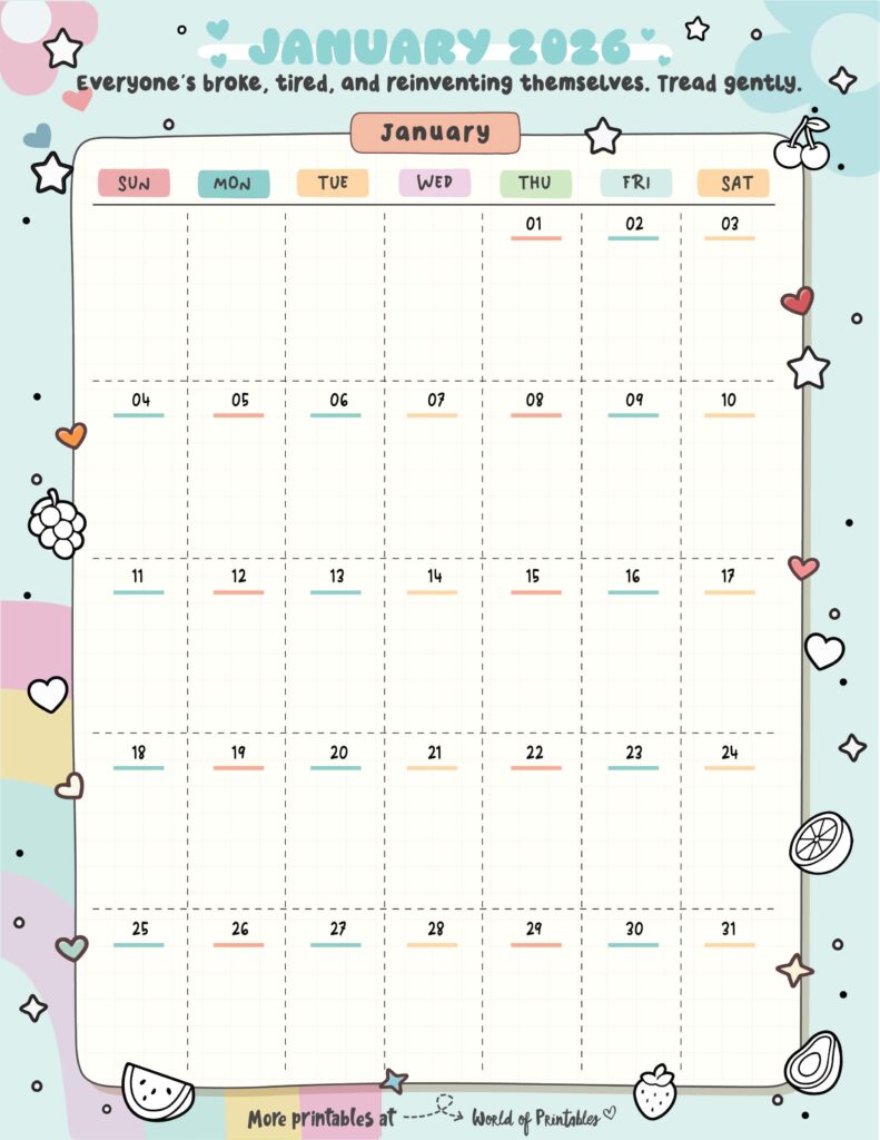 Printable January 2026 Calendar Design 322