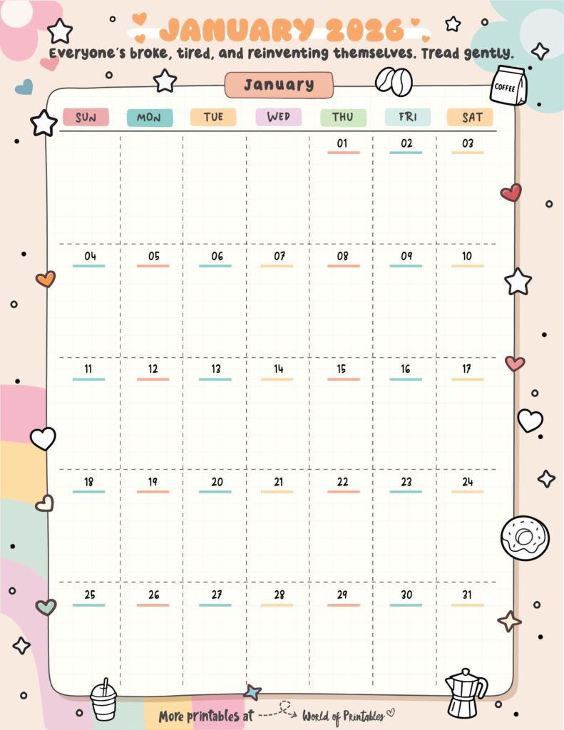 Printable January 2026 Calendar Design 323