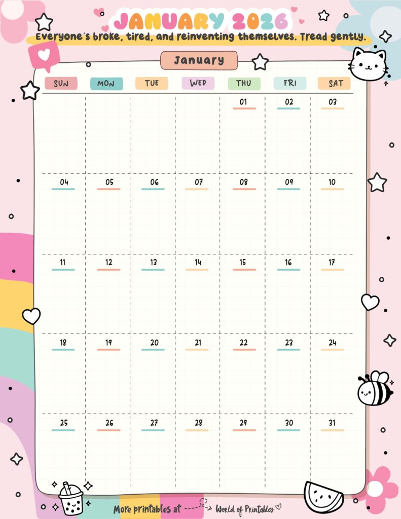 Printable January 2026 Calendar Design 324