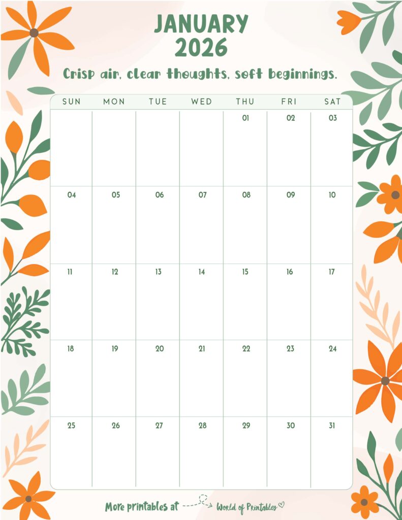 Printable January 2026 Calendar Design 325