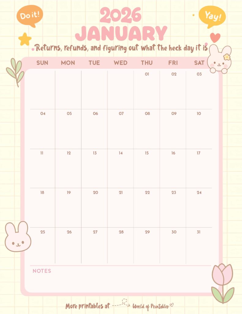 Printable January 2026 Calendar Design 326