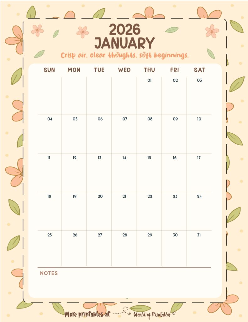 Printable January 2026 Calendar Design 327