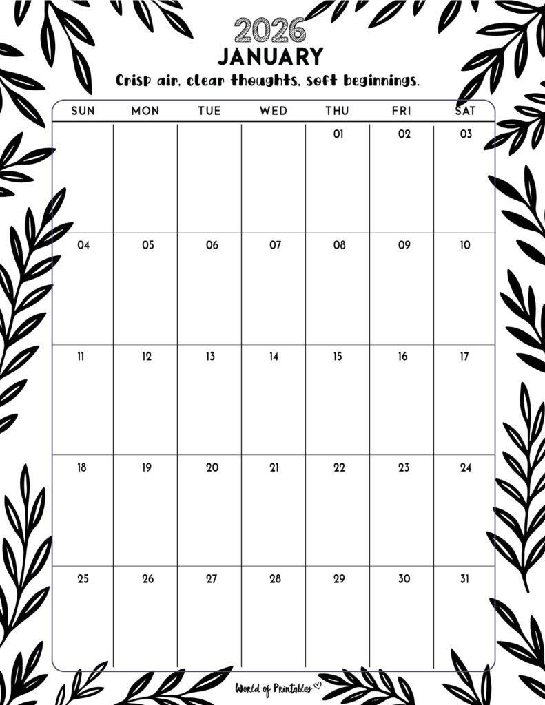 Printable January 2026 Calendar Design 328