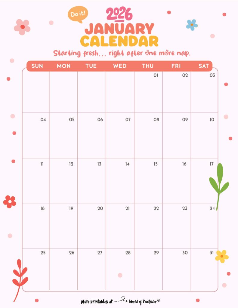 Printable January 2026 Calendar Design 330