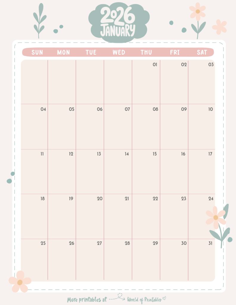 Printable January 2026 Calendar Design 332